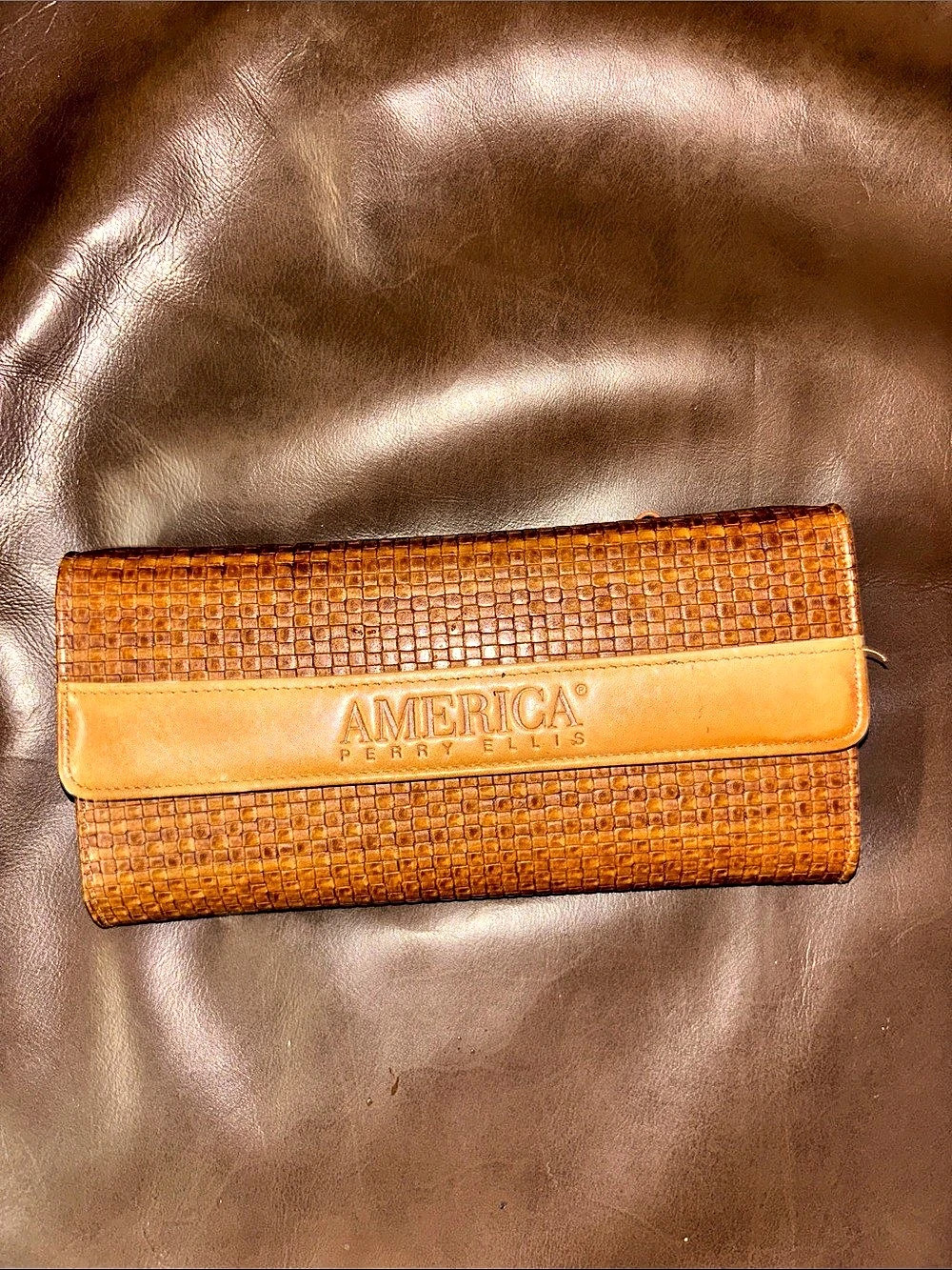 Woven Leather Wallet Chestnut Brown AMERICA Perry Ellis vintage vtg clutch y2k